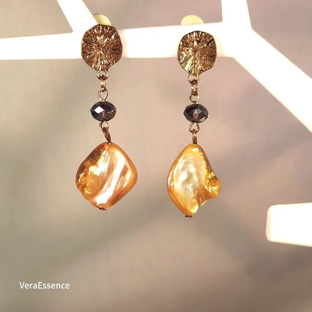 Gold Tone Large Natural Baroque Vintage Pearls Clip on Dangle Earrings 2.25